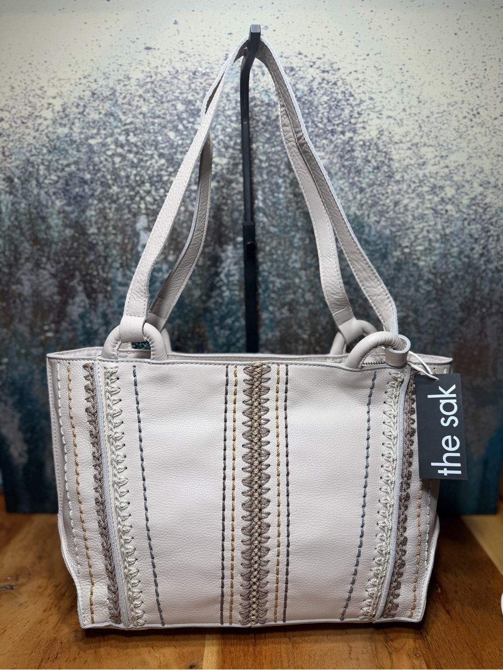 The Sak Boho Large Leather Tote Stone Neutral Crochet